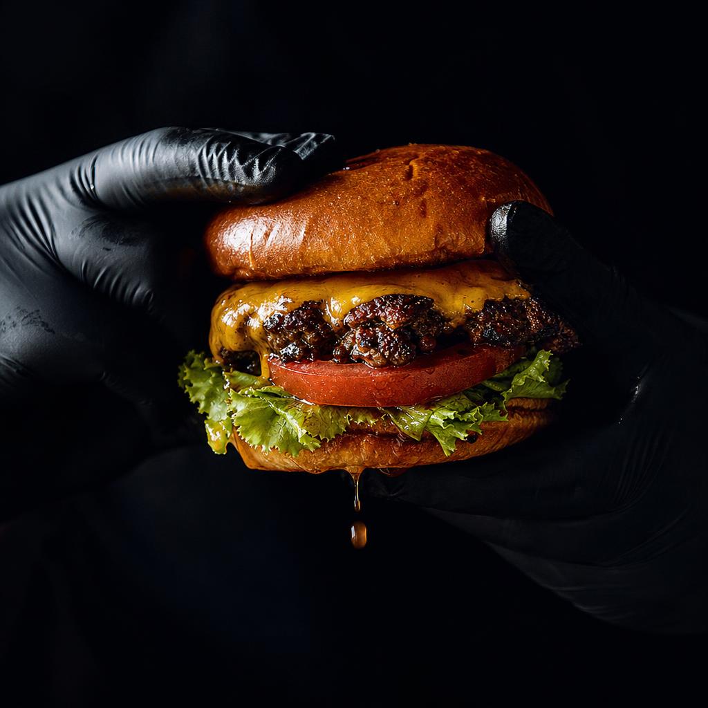 Black gloves holding a premium smashed burger